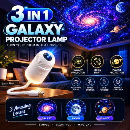 Original 3-in-1 Galaxy Star Projector Lamp – Adjustable Focus, Touch Control & USB Powered