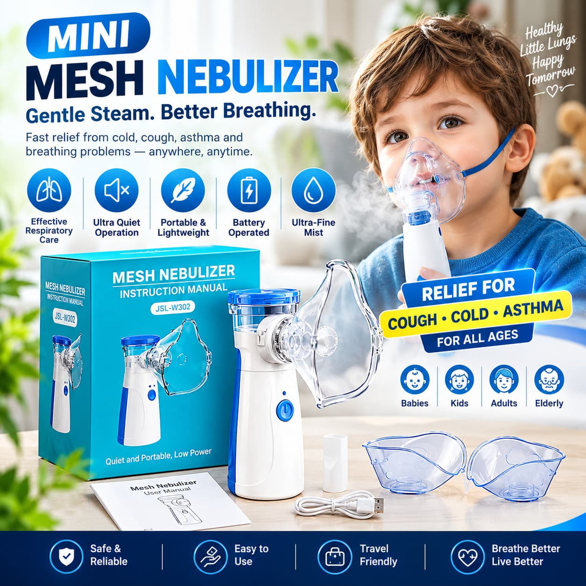 Mini Mesh Nebulizer With 2 Masks for Kids & Adults – Relief for Coughing, Sneezing & Flu