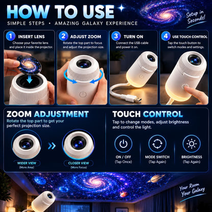 Original 3-in-1 Galaxy Star Projector Lamp – Adjustable Focus, Touch Control & USB Powered